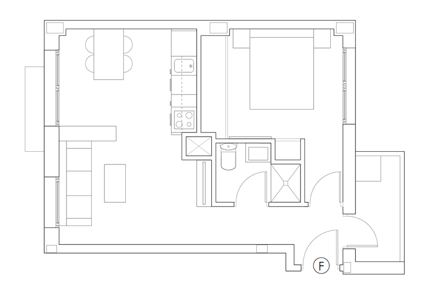 Plano del piso de 1 habitación puerta F del Edificio Proinca Moncloa 