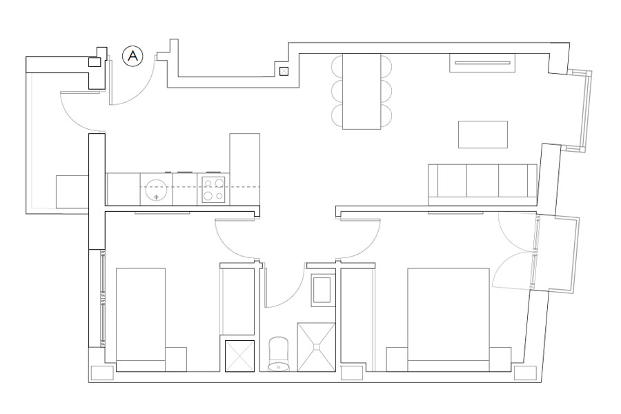 Plano del piso de 2 habitaciones puerta A del Edificio Proinca Moncloa 