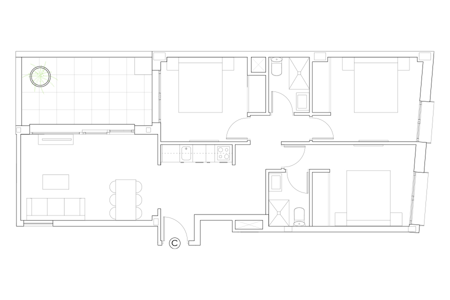 Plano del piso de 3 habitaciones puerta c del Edificio Proinca Moncloa