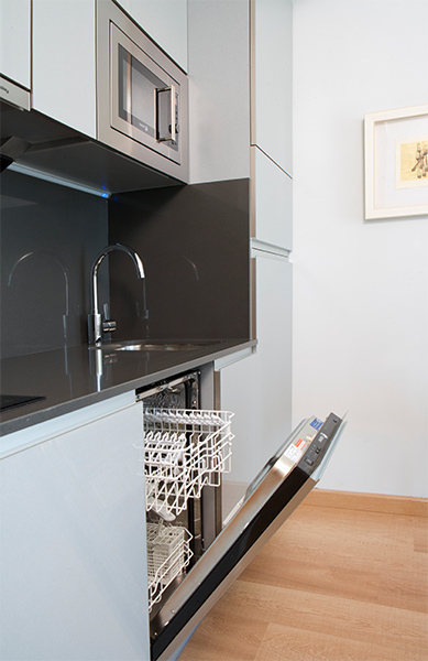 Detalle de la cocina del apartamento de 1 habitación del Edificio Proinca Infanta Mercedes de Madrid  