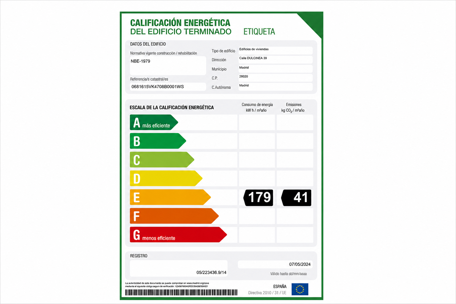 Etiqueta eficiencia energética edificio Proinca Dulcinea 39