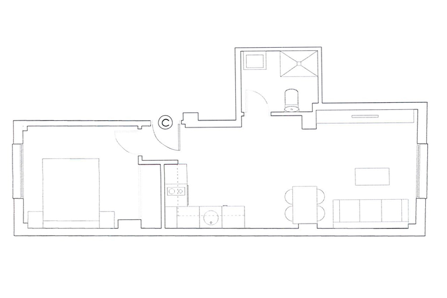 Plano del piso de 1 dormitorio del Edificio Proinca Infanta Mercedes.