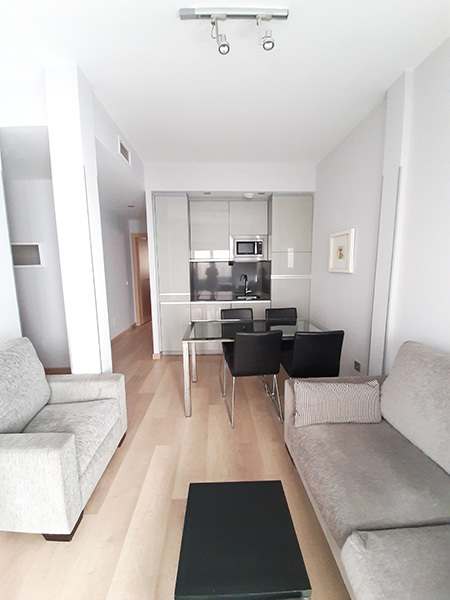 Salón-comedor de diseño contemporáneo en un piso de dos habitaciones en Madrid, con cocina americana equipada, muebles funcionales y tonos neutros que crean un ambiente luminoso y acogedor.