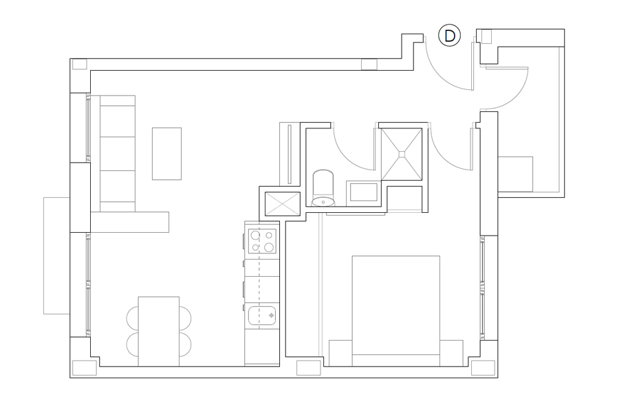 Plano del piso de 1 habitación puerta D del Edificio Proinca Moncloa 