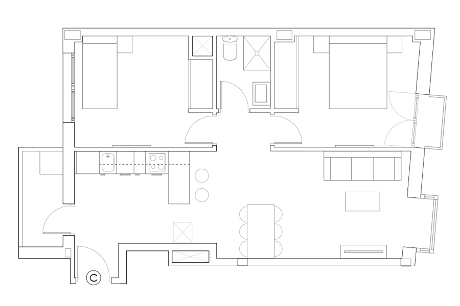 Plano del piso de 2 habitaciones puerta C del Edificio Proinca Moncloa 